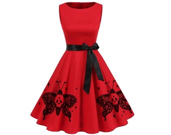 Womens Deaths Head Moth Skull Dress Retro Red Cottagecore Pin Up Rockabilly Goth Dresses bug clothing Skulls plus size clothing bridesmaid