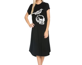 Skull and Raven Casual Black Midi T shirt Dress Womens basic short sleeve goth Spring clothing with skulls and birds Edgar Allen Poe prints