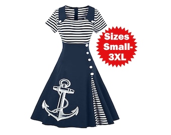 Robe d’ancrage nautique Plus Taille Vêtements rayés Ancres Sailor robes dames vêtements Screen Print Cute vêtements vintage Pin Up 3XL 4XL