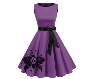 Deaths Head Moth Vestido morado vintage Retro Tallas grandes Ropa gótica negra Pin Up Vestidos Rockabilly Ropa con estampado de polillas Vestidos con estampado de calaveras