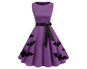 Vestido de murciélago para mujer Retro Rojo Pin Up Vestidos Rockabilly Ropa de Halloween para mujer Calaveras y murciélagos ropa de talla grande damas de honor retro Una línea