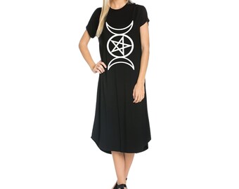 Triple Moon Goddess Dress, Pentagram Plus Size Clothing, Occult Gothic Black Dresses, Witchcraft, Witch Aesthetic, Goblincore, Oversized Tee