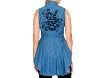 Denim Snake Bustle Moon Phase Denim Rockabilly Shirt Dark Cottagecore peasants bustle blouse pagan occult festival witch clothing boho biker
