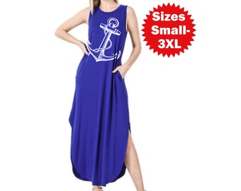 Anchor maxi dress, Summer casual dresses, Womens plus size clothing, Sailor print, Lolita beach ware coverup, Vacation cruise resort ware
