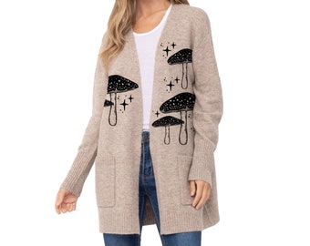 Long Mushroom Cardigan Sweater Women's Cottagecore Boho Nature Print Clothing Forging Fall Mushrooms Print Cashmere Cardigans Sweaters