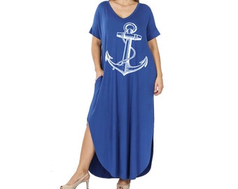 Nautical Anchor Dress Plus Size Clothing Sailor Maxi dresses with pockets ladies apparel Screen Print Vintage anchors clothing Pin Up 3XL