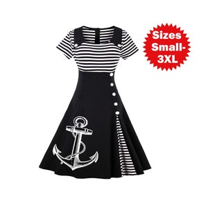 Nautical Anchor Dress Plus Size Clothing Striped Anchors Sailor dresses ladies apparel Screen Print Cute Vintage clothing Pin Up 3XL 4XL imagem 5