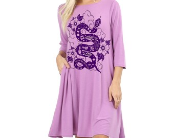 Moon Phase Snake Dress with pockets Plus Size Floral Pastel Goth Dark Cottage Core Clothing Mystic Witch Shirt Women's Office Casual Dresses