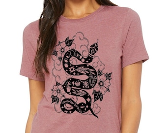 Moon Phase Snake Shirt, Occult Clothing, Mystic Witch Tees, Dark Cottagecore, Witchcraft, Magic, Wicca, Boho, Celestial, Bohemian, Goth tops