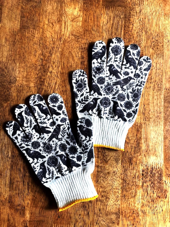 Crow Garden Gloves - Bird Print Gardening Work Gloves