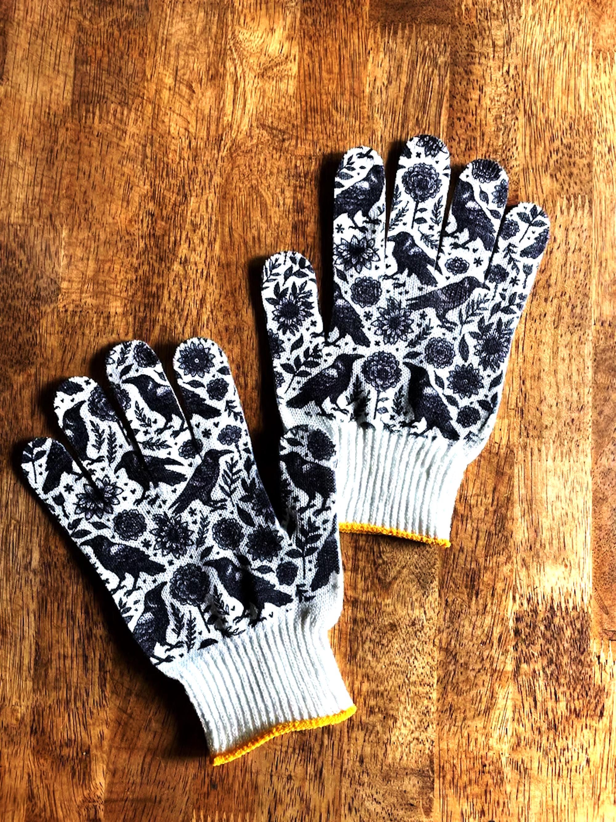 Crow Garden Gloves - Bird Print Gardening Work Gloves