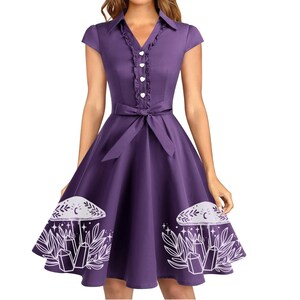 Womens Mushroom Dress Retro Cottagecore print Purple Pin Up Rockabilly Cocktail Dresses plus size clothing bridesmaids A-line Fit and Flare image 2