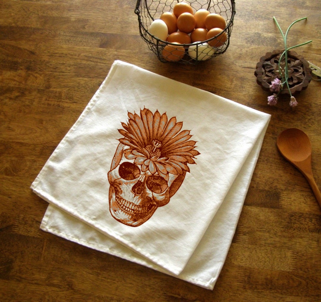 Skull and Flower Kitchen Towel Gothic Tea Towels Floral Print Etsy