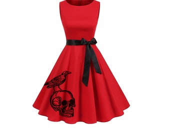 Vestido de calavera para mujer Vestidos retro rojos Pin Up Rockabilly Ropa de mujer Calaveras y pájaros ropa de talla grande damas de honor A-line Fit and Flare