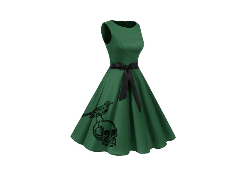 Vintage inspiriertes Kleid Gothik Drucke Kleid mit Totenköpfen Rockabilly Kleider Gothic Hochzeit Brautjungfer Kleid in Übergröße Brautjungfern Bild 5