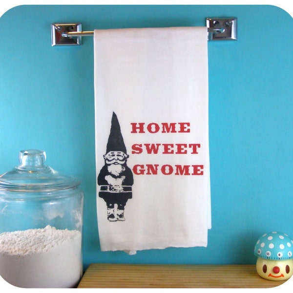 Kitchen Towel Gnome Home Sweet Gnome - Red Gnomes Tea Towel retro kitchen -Screen Print - Indie Housewares House warming gifts