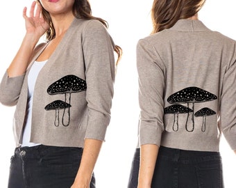 Mushroom Cardigan Bolero Suéter Mujer Cottagecore Boho Nature Camisas Ropa de talla grande Forja Otoño Setas Estampado Cardigans Suéteres