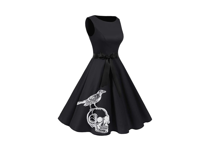 Vintage inspiriertes Kleid Gothik Drucke Kleid mit Totenköpfen Rockabilly Kleider Gothic Hochzeit Brautjungfer Kleid in Übergröße Brautjungfern Bild 1