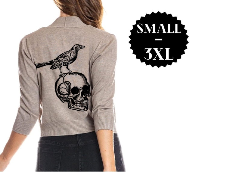 Skull and Raven Cardigan Bolero Sweater Womens Edgar Allen Poe Halloween Shirt Gothic Plus Size Clothing Print Cropped Cardigans Sweaters image 1