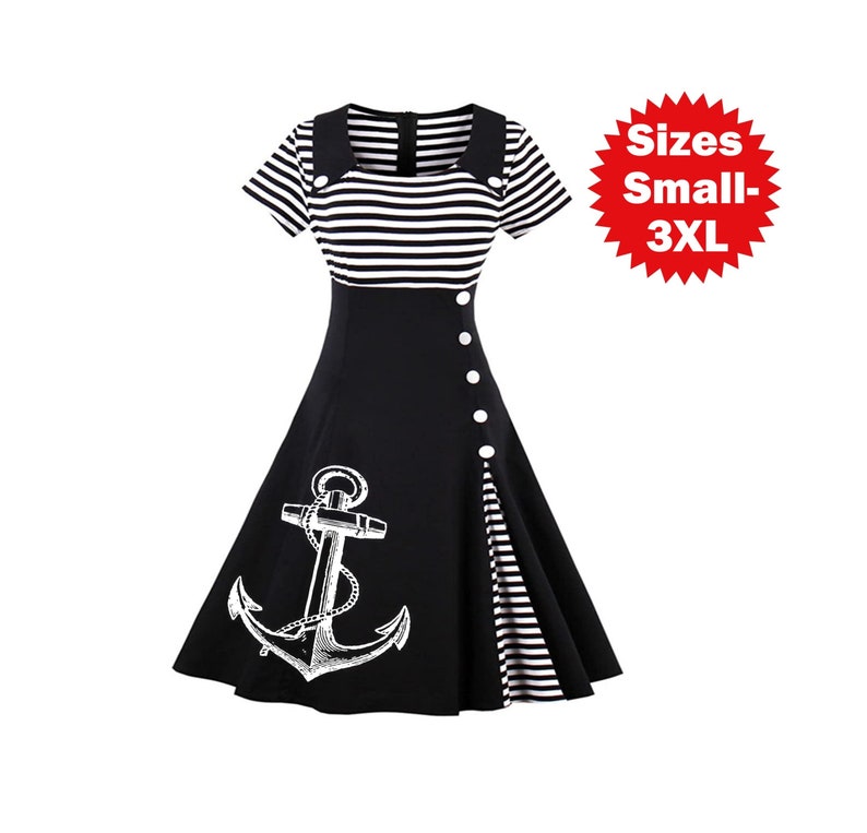 Nautical Anchor Dress Plus Size Clothing Striped Anchors Sailor dresses ladies apparel Screen Print Cute Vintage clothing Pin Up 3XL 4XL image 5