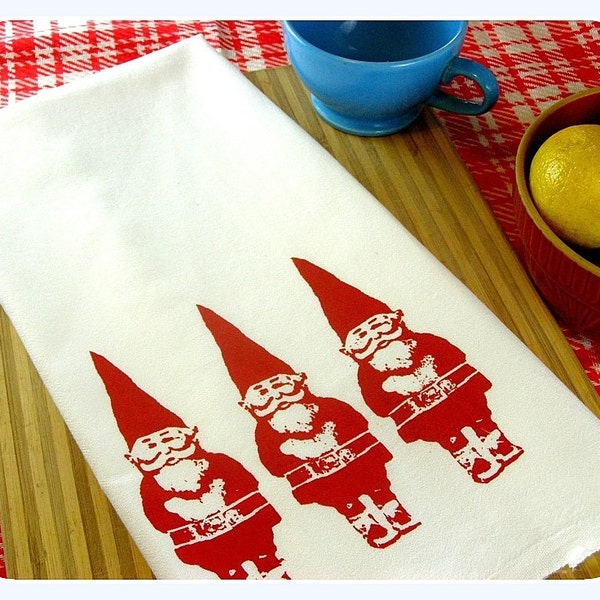 Gnome Kitchen Towel Red Gnomes Tea Towel CUTE kitchen towels screen print retro Indie Housewares Woodland Gifts