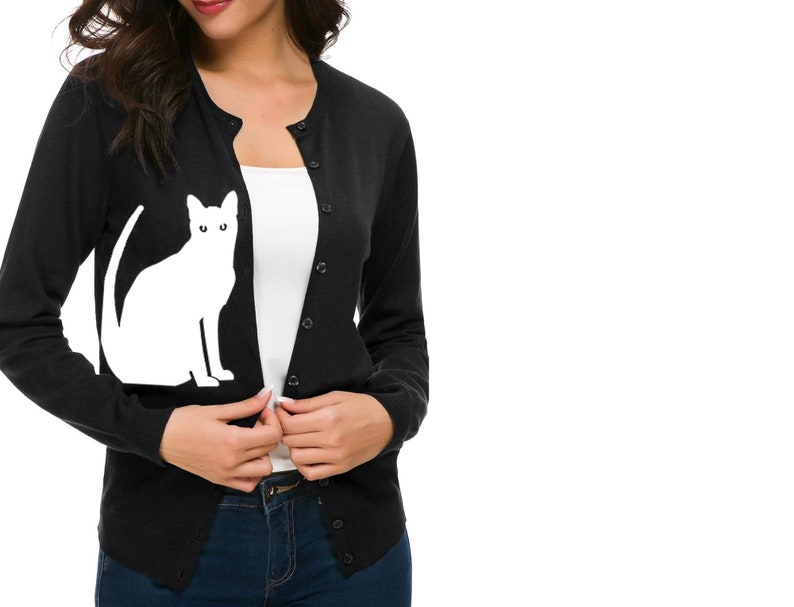 Cat Cardigan Sweater Women's Shirts Trendy Clothing Screen Print Plus Size Cats Sweaters Cute Retro Sweaters Button Up Warm and Cozy V-neck image 1