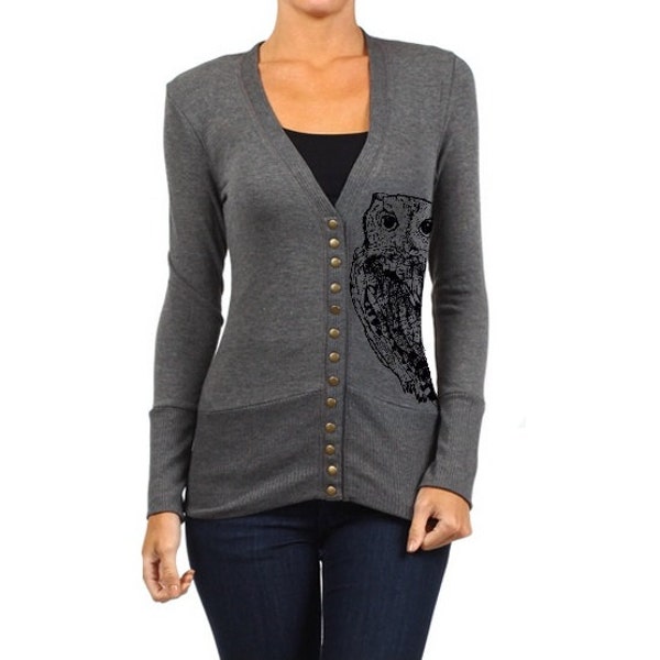 Women's Owl Cardigan Sweater Gray Ladies Bird V Neck Shirt Sweatshirt Screen Print Gray Sweaters Button Up Warm and Cozy Trendy Clothing