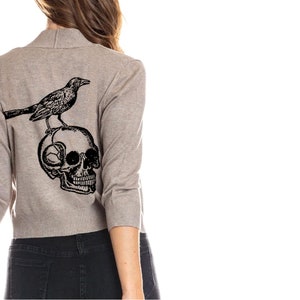 Skull and Raven Cardigan Bolero Sweater Womens Edgar Allen Poe Halloween Shirt Gothic Plus Size Clothing Print Cropped Cardigans Sweaters image 3