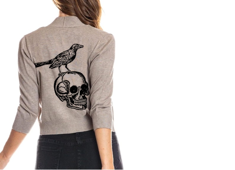 Skull and Raven Cardigan Bolero Sweater Womens Edgar Allen Poe Halloween Shirt Gothic Plus Size Clothing Print Cropped Cardigans Sweaters image 3