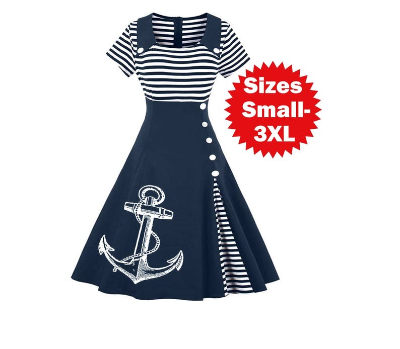 Nautical Anchor Dress Plus Size Clothing Striped Anchors Sailor dresses ladies apparel Screen Print Cute Vintage clothing Pin Up 3XL 4XL image 1