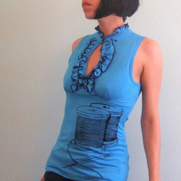 Womens Top - Threads Summer Blouse -  Crafty Limited Edition Graphic - Screen Printed-  Peacock Blue Sleeveless Ruffle - Small