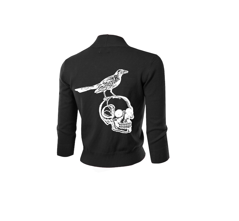 Skull and Raven Cardigan Bolero Sweater Womens Edgar Allen Poe Halloween Shirt Gothic Plus Size Clothing Print Cropped Cardigans Sweaters image 4