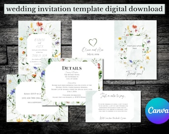 Watercolor Floral Frame Wedding Template Set, Floral Wedding Invitation Set, Editable Wedding Collection Templates, Canva Templates Editable