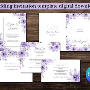 Modelli per inviti di nozze con margherite viola, modelli digitali per matrimoni, modelli Canva personalizzabili, collezione di matrimoni floreali viola