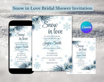 Könnte beinhalten: Eine Einladung zur Brautparty mit Winterthema. Die Einladung zeigt den Text "Snow in Love" mit Schneeflocken und floralen Akzenten. Die Einladung wird auf einem Telefon, einer gedruckten Karte und einem Computerbildschirm angezeigt.