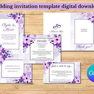 Invito di nozze floreale viola, modello di invito di nozze digitale con sfondo acquerello viola, collezione di modelli di nozze Canva