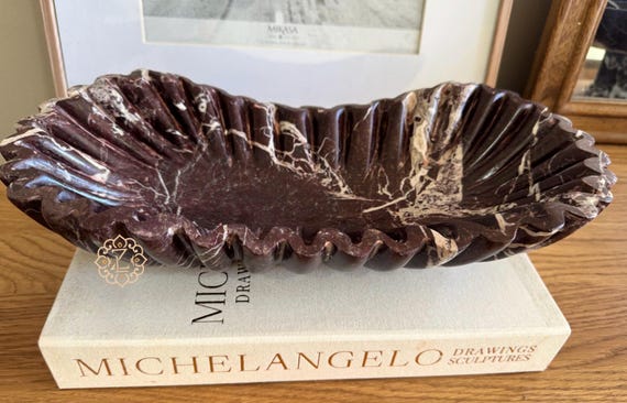 Cherry Rosso Marble 14” Ruffle Edge  Tray, Hand-Crafted Genuine marble Vanity Tray,  14x7x4", Luxury Gifts
