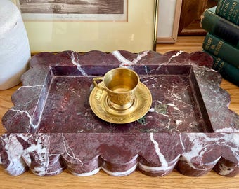 Hand-crafted Decorative Cherry Rosso Levanto Marble Scallop Edge 12 " Tray, Genuine marble Vanity Tray, Marble Charcuterie, Gifts Under 100