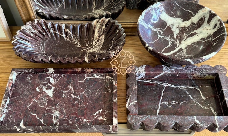 Cherry Rosso Marble 14” Ruffle Edge Tray, Hand-Crafted Genuine marble Vanity Tray, 14x7x4", Luxury Gifts image 13