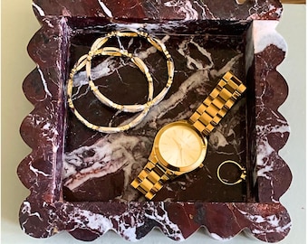 Bandeja cuadrada decorativa artesanal de mármol Cherry Rosso Levanto con borde festoneado, 8x8x1.5, bandeja de tocador de mármol, charcutería de mármol, regalo por menos de $100