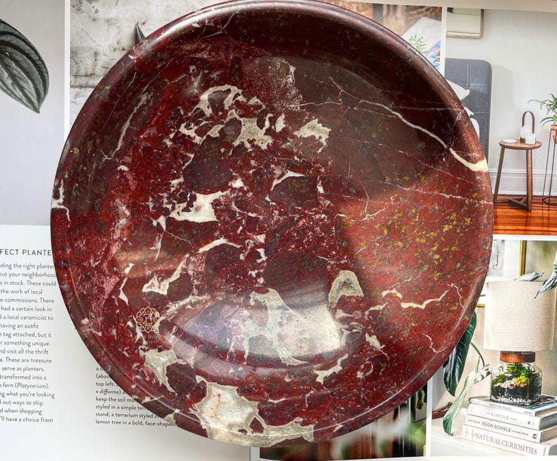 Hand-crafted Cherry Rosso Levanto 8" Bowl, Decorative Marble centerpiece, Jewelry Holder, Marble Catch-all image 5