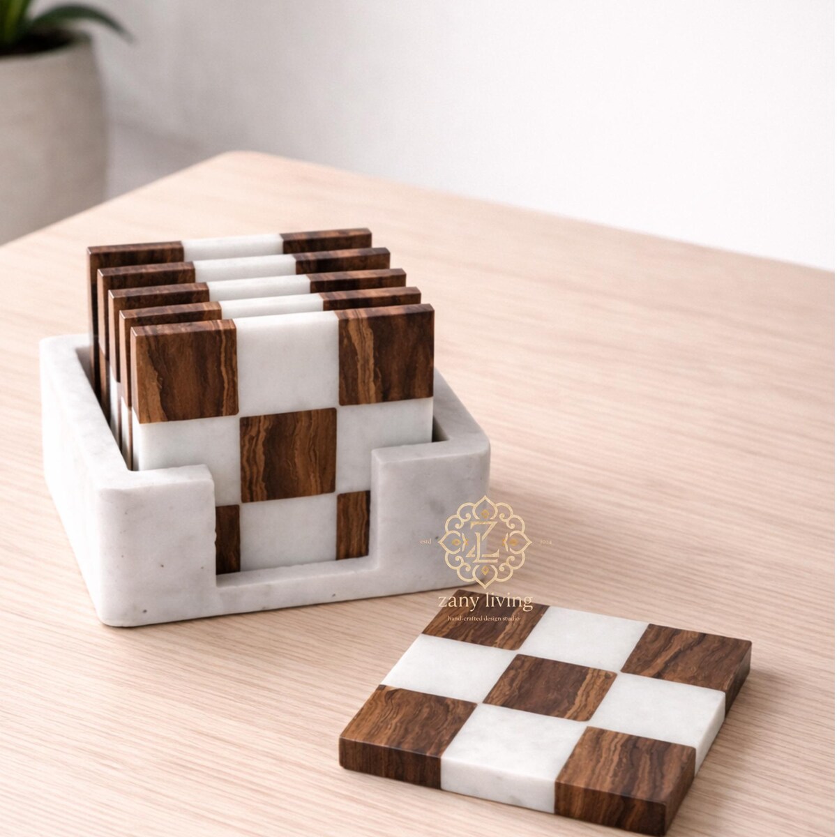 Hand-crafted Tile Square Marble Coasters, Set of 6 (4 Natural Stone Coasters, Marble Coasters, Onyx Crystal Coasters, Crystal Set)