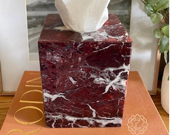 5" Cherry Rosso Levanto Luxury Marble Tissue Box Cover – 5x5x5.5 Red Stone Tissue Holder  Vanity – Modern Square Marble Tissue Dispense