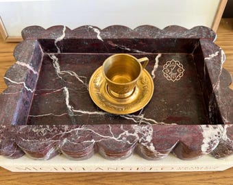 Hand-crafted Decorative Cherry Rosso Levanto Marble Scallop Edge 12 &quot; Tray, Genuine marble Vanity Tray, Marble Charcuterie, Gifts Under 100
