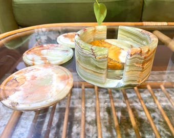 Hand-crafted Onyx Coasters, Set of 6 (4" Natural Stone Coasters, Marble Coasters, Onyx Crystal Coasters, Green Coasters, Pink Coasters)