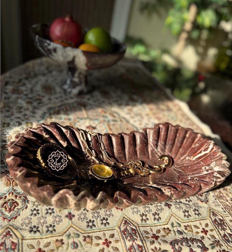 Cherry Rosso Marble 14” Ruffle Edge Tray, Hand-Crafted Genuine marble Vanity Tray, 14x7x4", Luxury Gifts image 3
