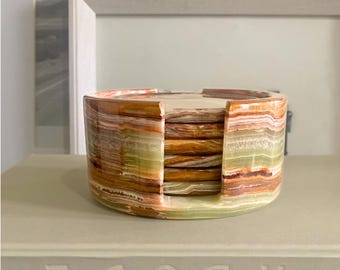 Hand-crafted Onyx Coasters, Set of 6 (4" Natural Stone Coasters, Marble Coasters, Onyx Crystal Coasters, Green Coasters, Pink Coasters)