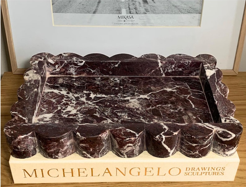 Hand-crafted Decorative Cherry Rosso Levanto Marble Scallop Edge 12 Tray, Genuine marble Vanity Tray, Marble Charcuterie, Gifts Under 100