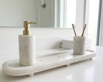 Bandeja redonda ovalada de mármol blanco Ziarat, encimera de café de mármol puro de 23", bandeja para joyas de 23x5", bandeja multiusos para perfumes de tocador de baño.