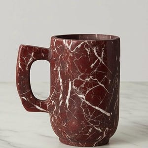 Puede incluir: Taza de color burdeos con un patrón similar al mármol con vetas blancas. La taza tiene un asa rectangular y un cuerpo cilíndrico. Fabricada con un material sólido y con un acabado liso.